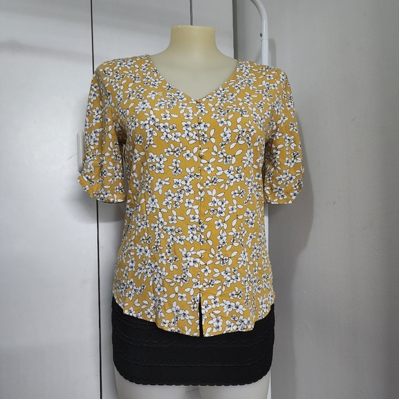 Aus12 Jacqui E Yellow White Floral Front Button Up Short Sleeve Blouse - Picture 5 of 16